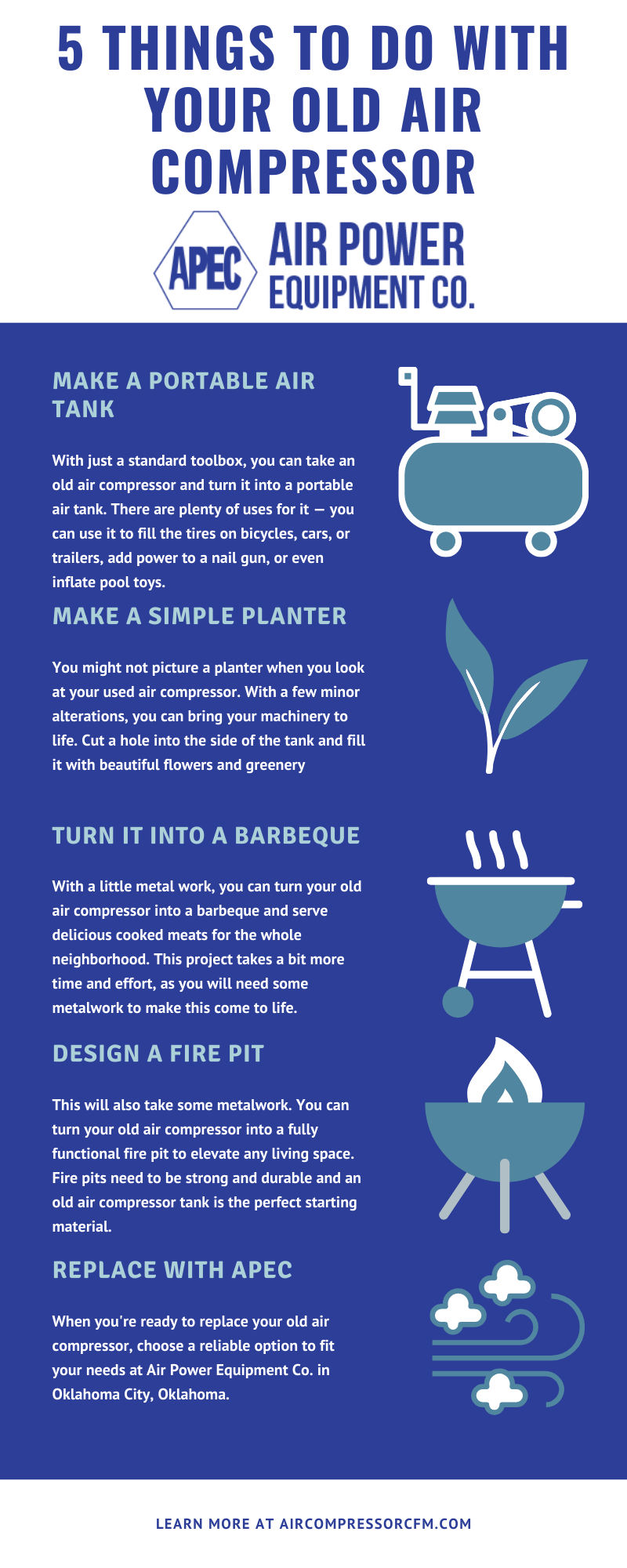 5 Things to do with your old air compressor infographic