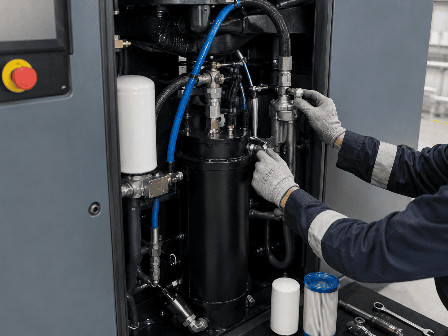 APEC technician performing air compressor maintenance on industrial rotary screw unit in Oklahoma City facility